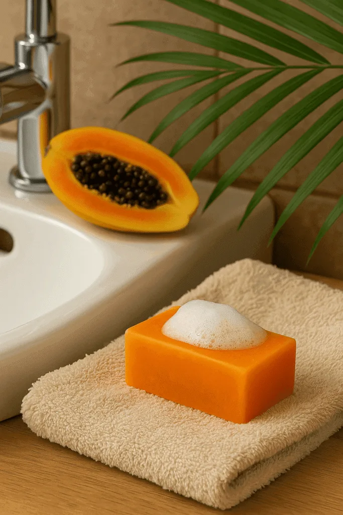 Close-up of Power Papaya Soap used in a daily skincare routine, popular among natural beauty enthusiasts