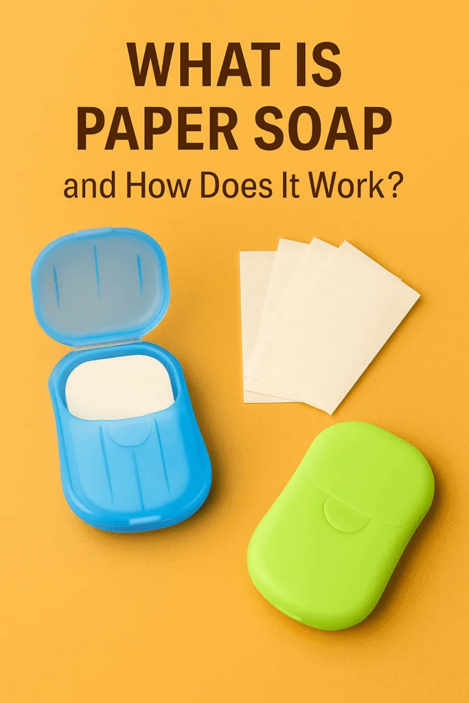 A display of colorful travel cases and sheets explaining what is paper soap, highlighting its compact and eco-friendly design.