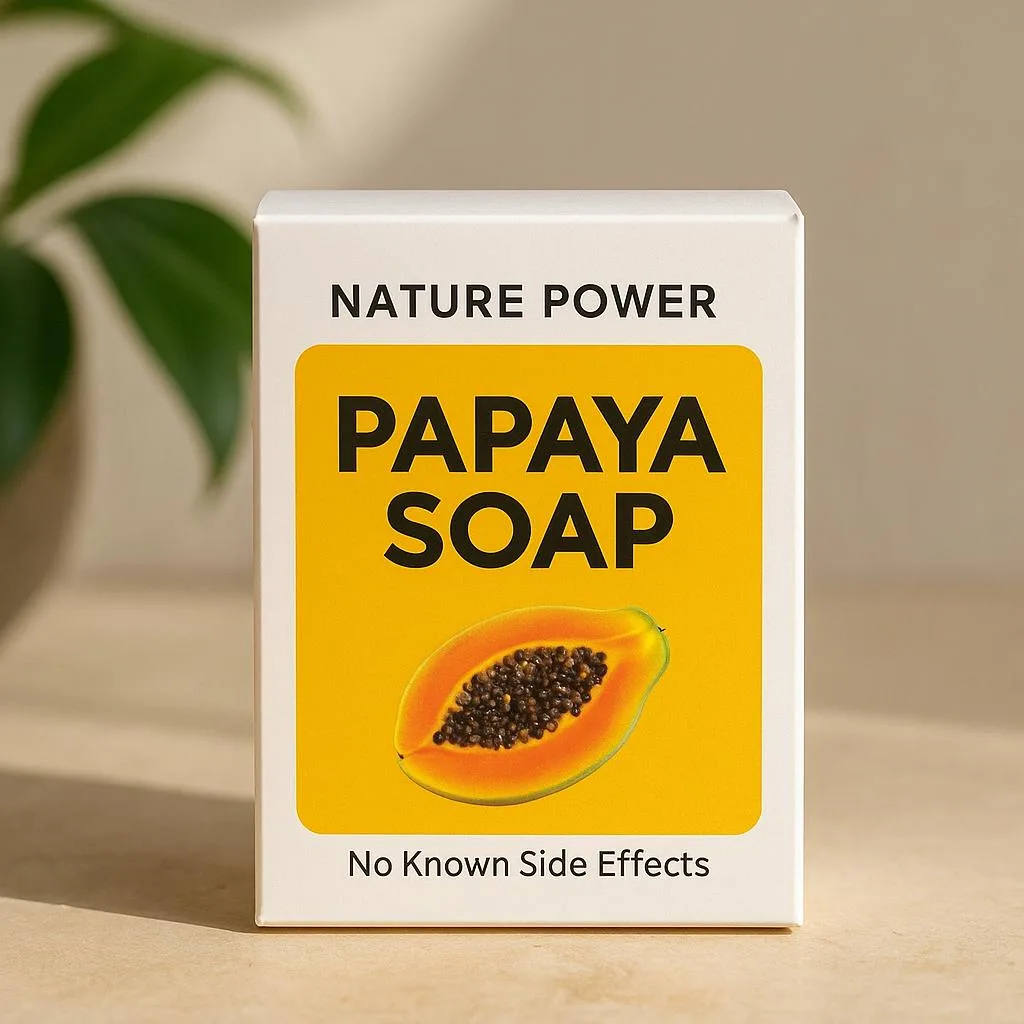 Product image of Nature Power Papaya Soap with text about possible side effects