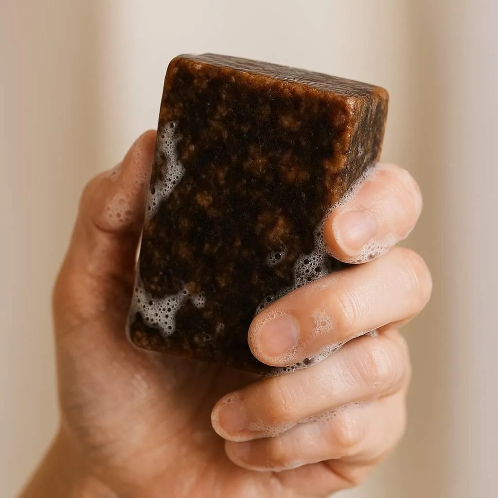 Lathered hand holding African Black Soap for Acne to treat breakouts naturally