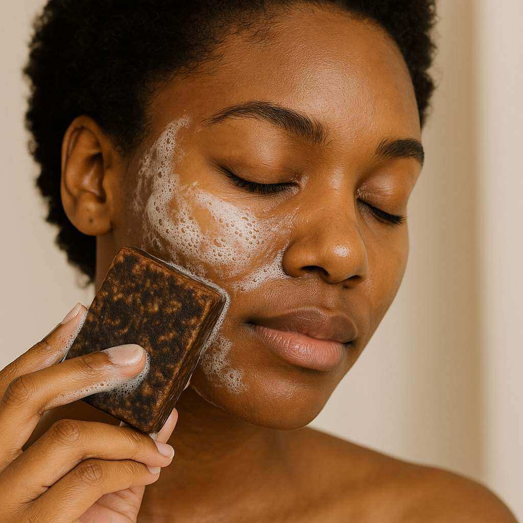 Woman washing face with African Black Soap for Acne in a skincare routine