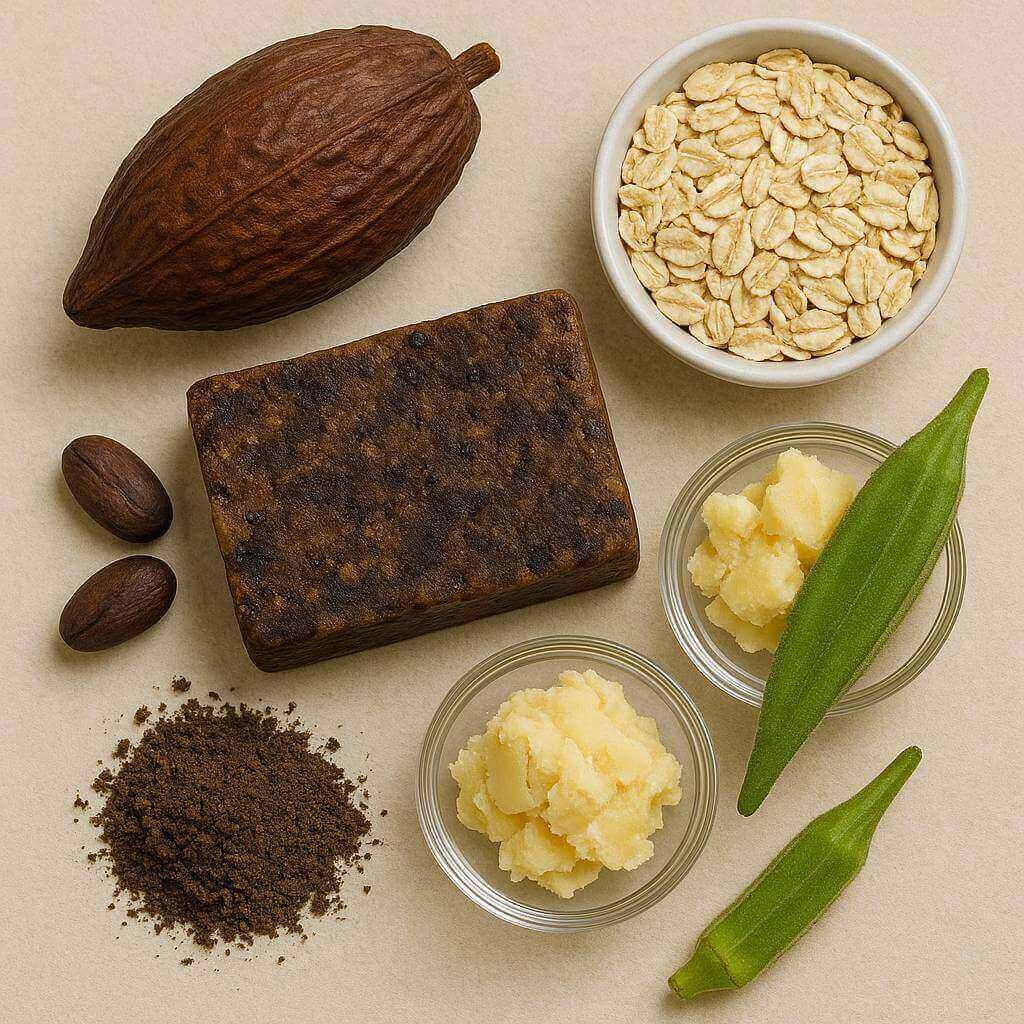 African Black Soap Ingredients including cocoa pod, plantain ash, and shea butter on a natural background