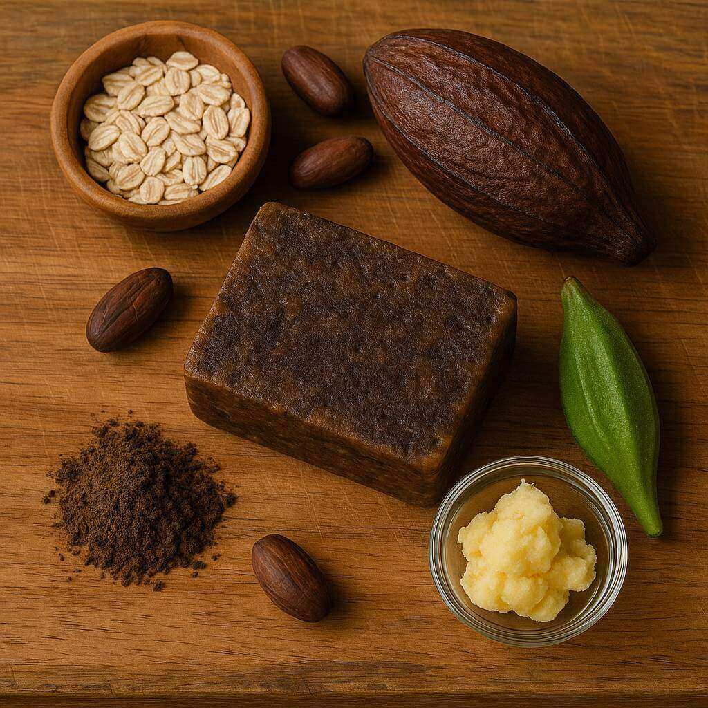 Various African Black Soap Ingredients like oats, cocoa beans, and okra displayed in a flat lay style