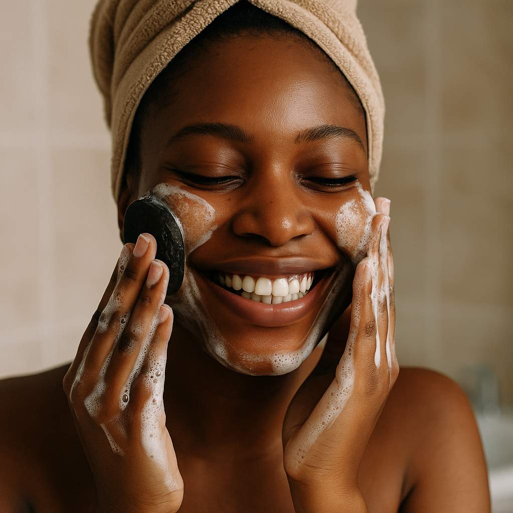 African American woman smiling while washing her face with Black Soap for face care