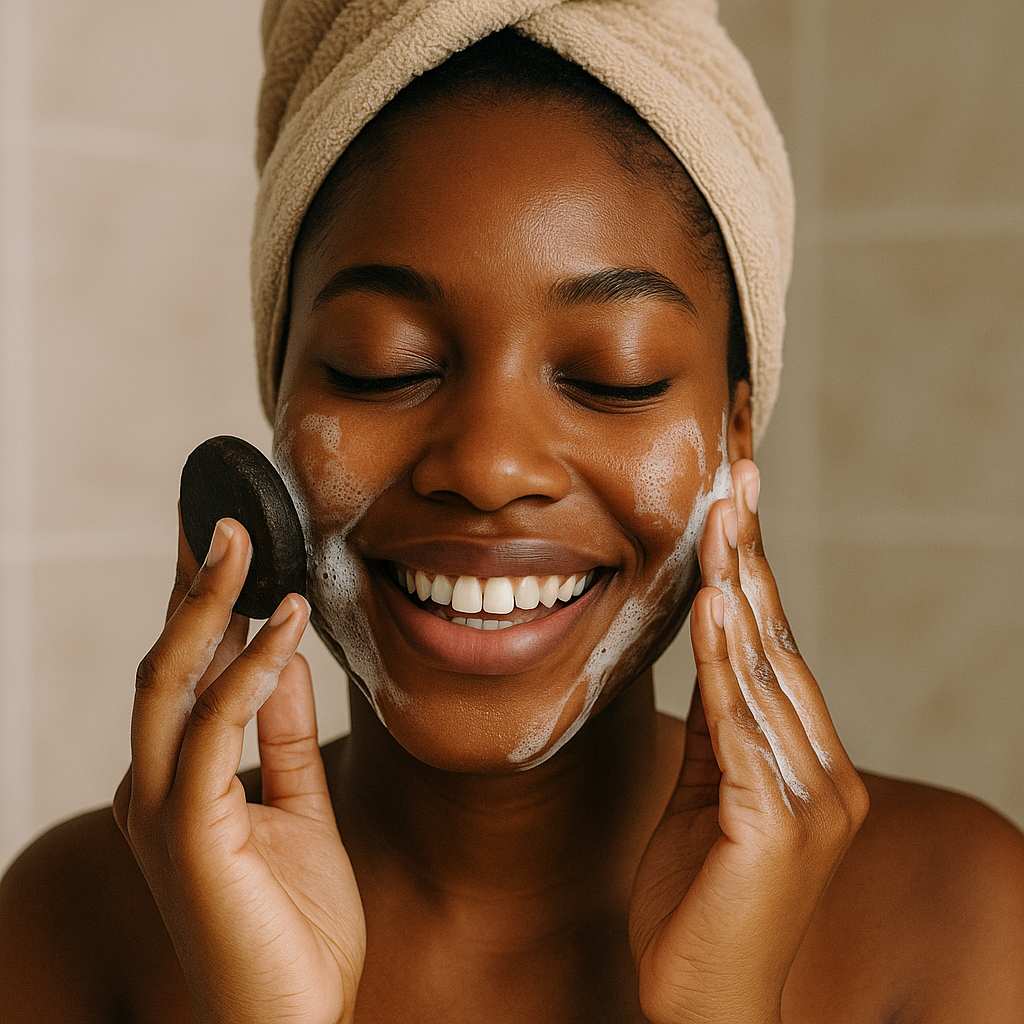 Close-up of woman gently applying Black Soap for face with creamy lather in bathroom
