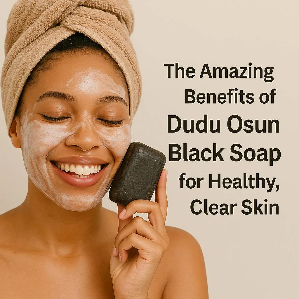 Smiling woman applying Dudu Osun Black Soap to her face for natural cleansing and clear skin