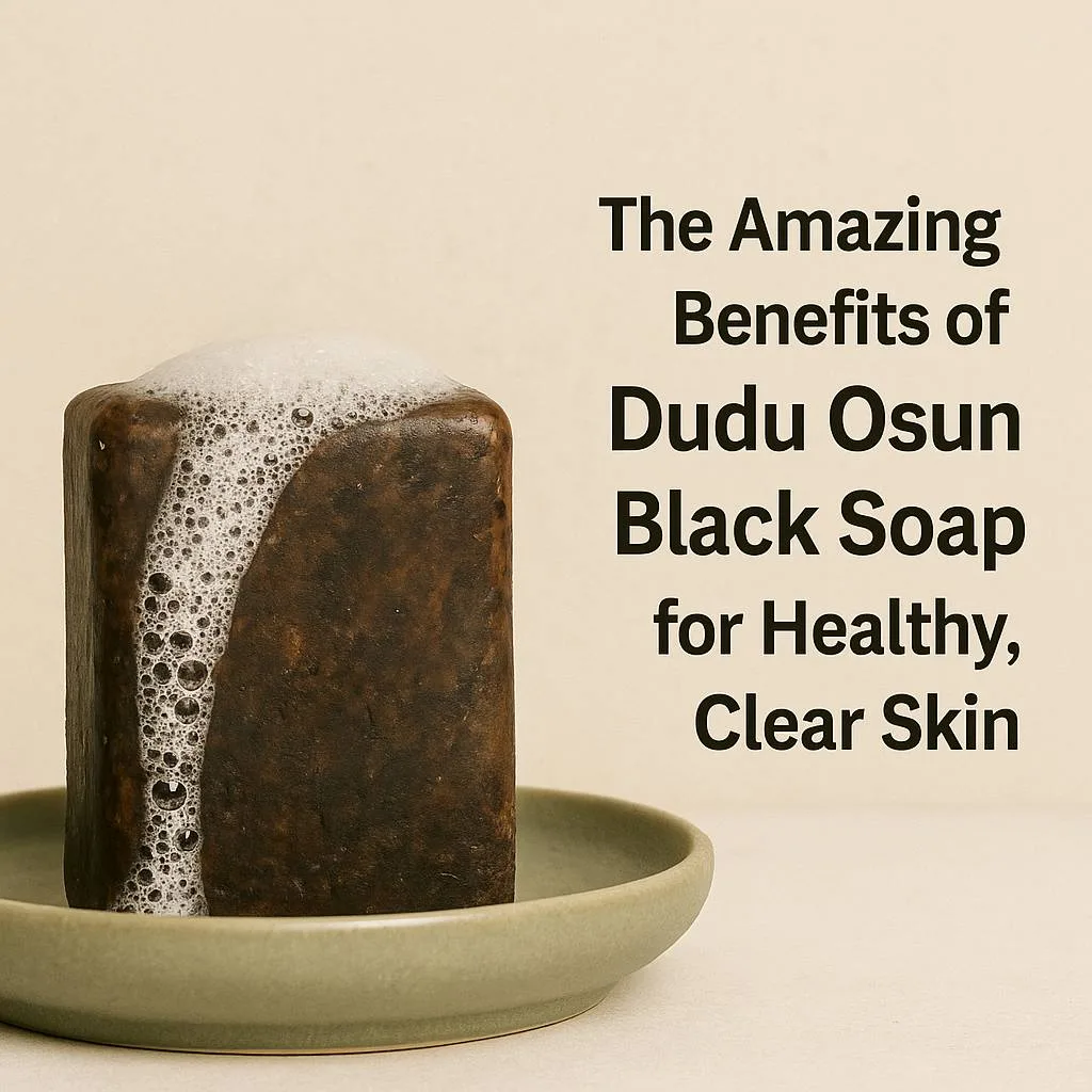 Dudu Osun Black Soap with frothy suds showing its benefits for healthy and radiant skin
