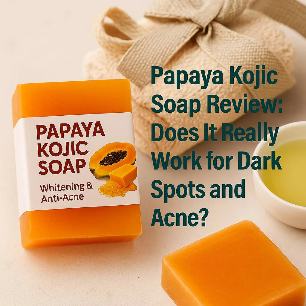 A rectangular bar of Papaya Kojic Soap placed on a clean white surface, highlighting its natural color and texture