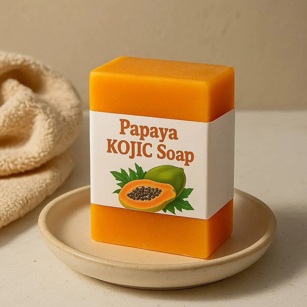 Papaya Kojic Soap product display featuring minimalist packaging for skin brightening and acne care