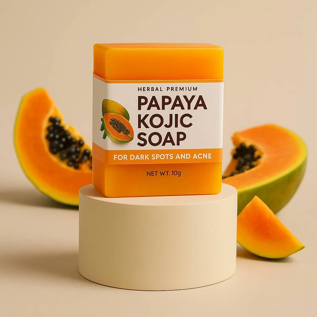 Papaya Kojic Soap placed on a wooden platform with tropical leaves, emphasizing its herbal skincare benefits