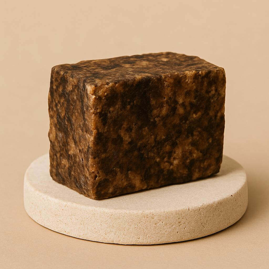 Pure African Black Soap block with natural textures for acne and eczema care