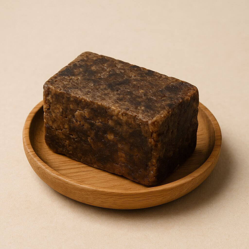 Raw African Black Soap block on wooden dish for natural skincare