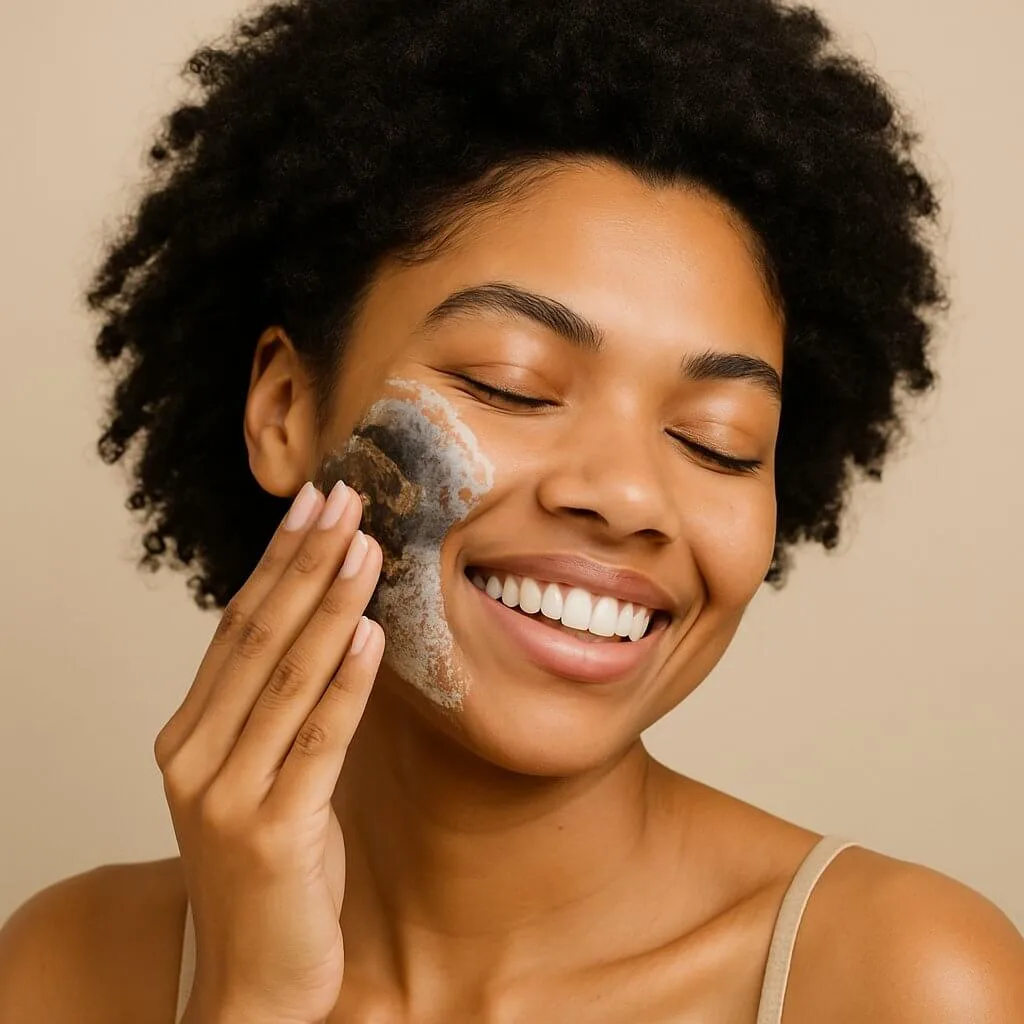 Smiling woman applying Raw African Black Soap to her face