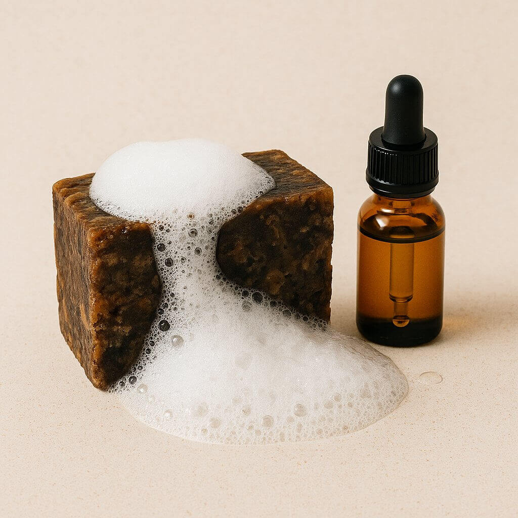 Foamy Raw African Black Soap with essential oil dropper on beige surface
