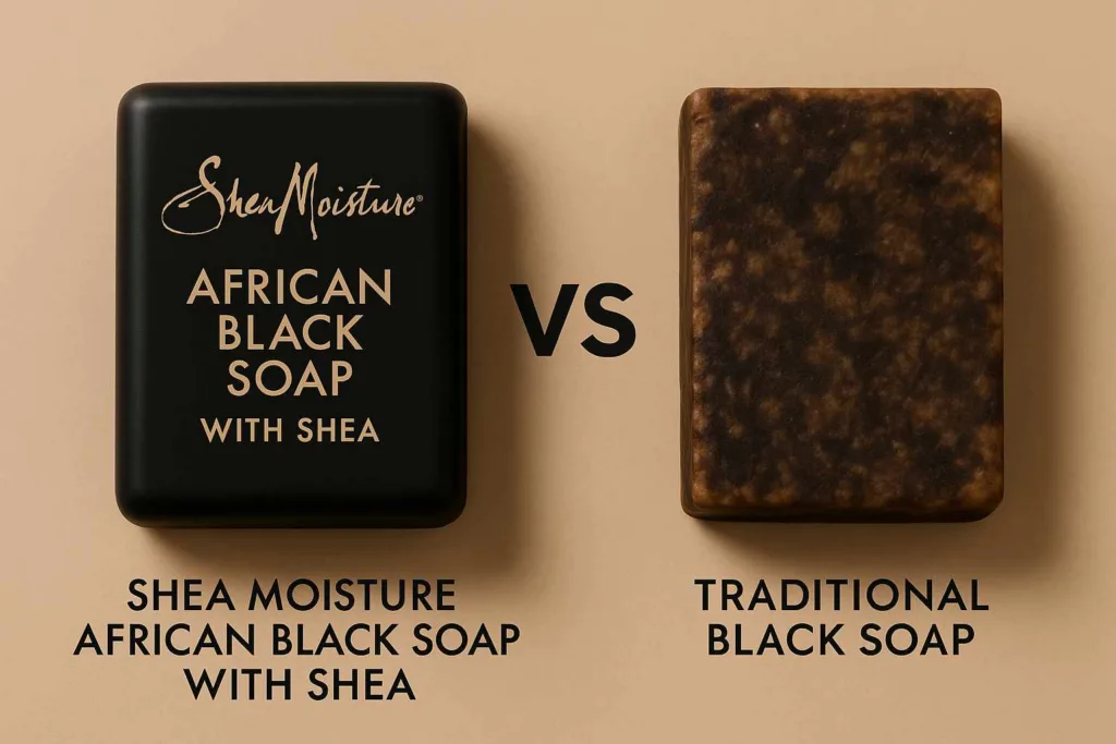 Side-by-side comparison of traditional soap and Shea Moisture African Black Soap with Shea