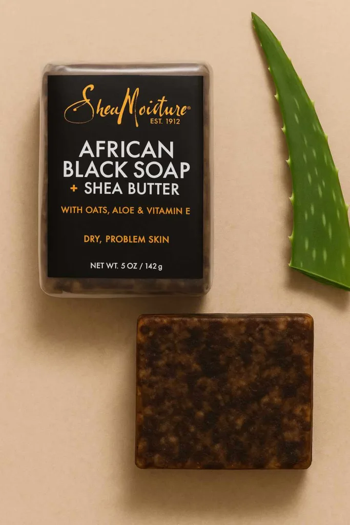 Bar of Shea Moisture African Black Soap with Shea displayed on a clean background