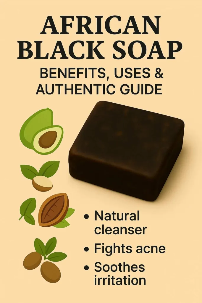 Authentic African black soap with natural ingredients, highlighting black soap benefits for cleansing and acne treatment, and instructions on how to use black soap safely.