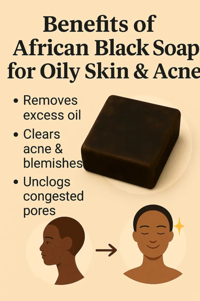 Illustration of how African black soap and charcoal black soap clear body acne and unclog pores for oily skin users.