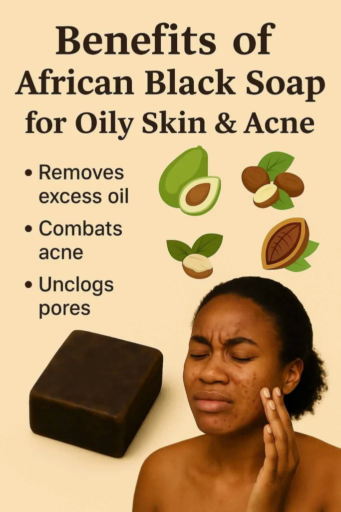 Woman with body acne using African black soap made with charcoal, highlighting benefits for oily skin treatment.