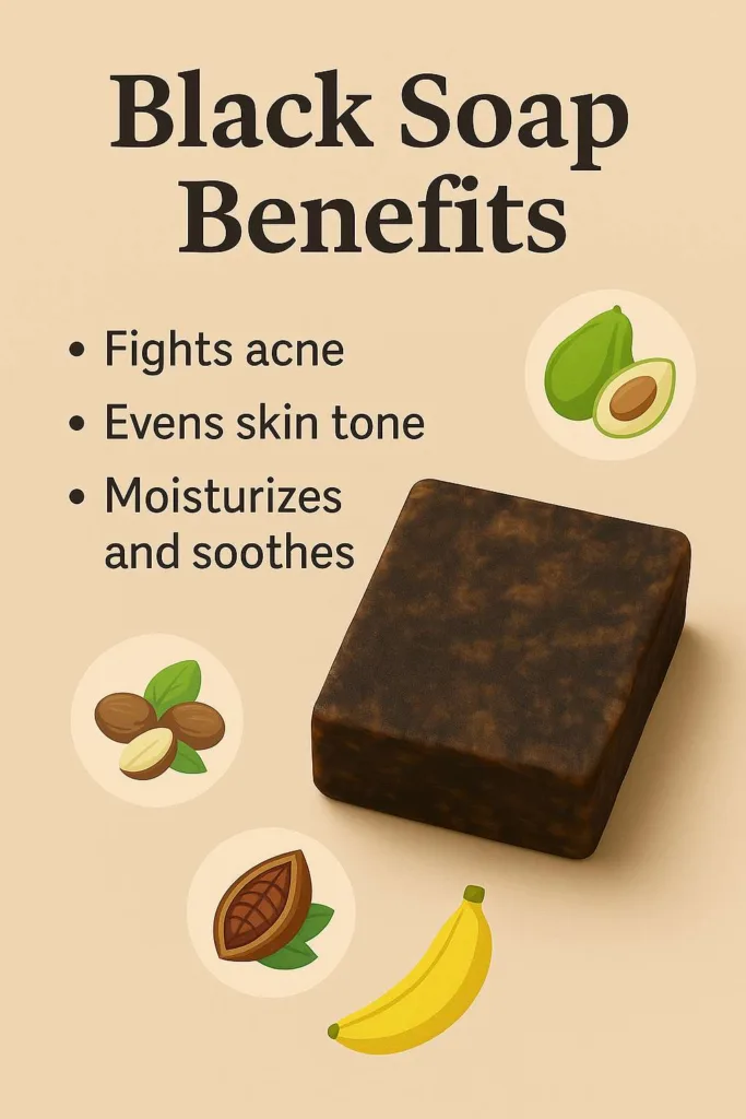 A close-up image of African black soap on a wooden dish, highlighting black soap benefits and natural soap cleansing properties.