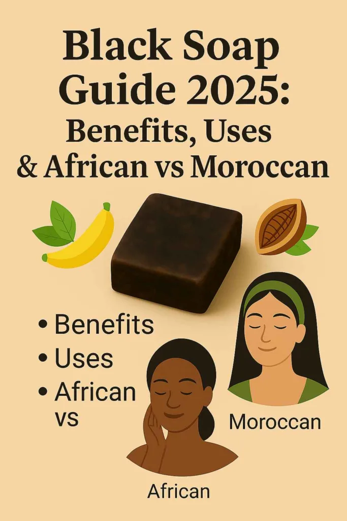 Black Soap Guide 2025 infographic comparing African black soap and Moroccan beldi soap with skincare benefits highlighted