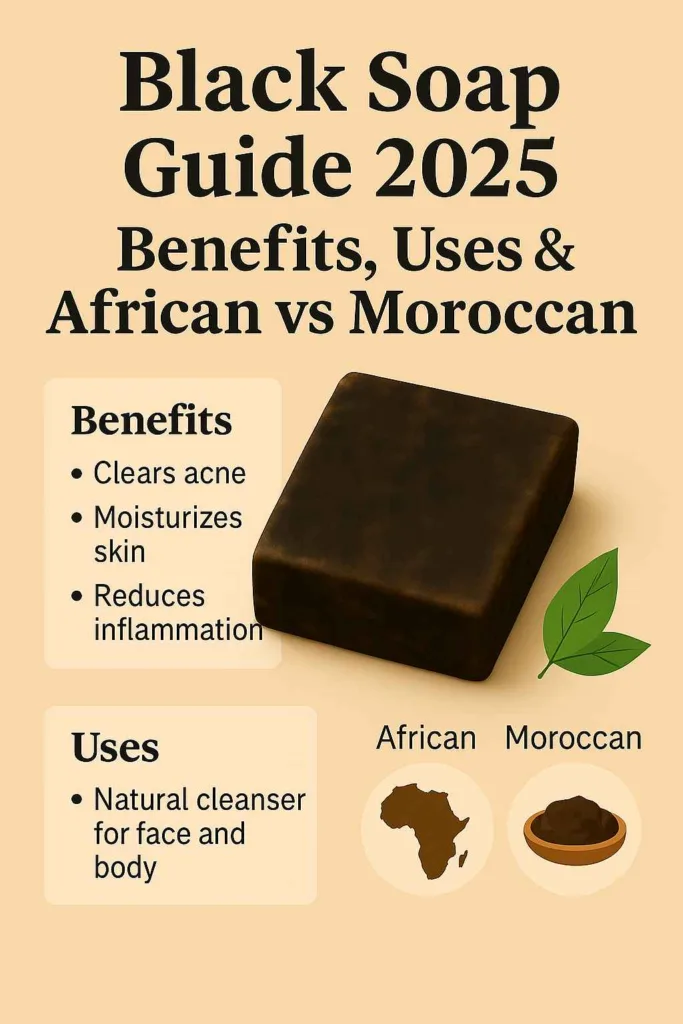 Detailed chart showing African black soap vs Moroccan beldi soap, explaining black soap uses and skincare benefits for healthy skin