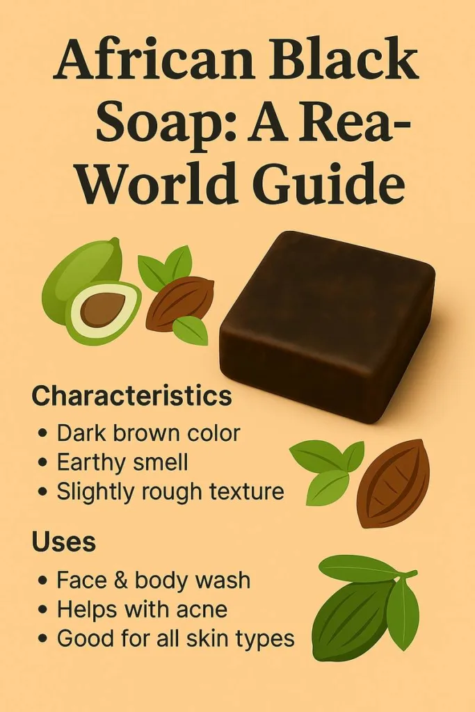 Informational graphic of African Black Soap explaining its role in a daily skincare routine, with benefits for acne treatment and balancing oily skin.