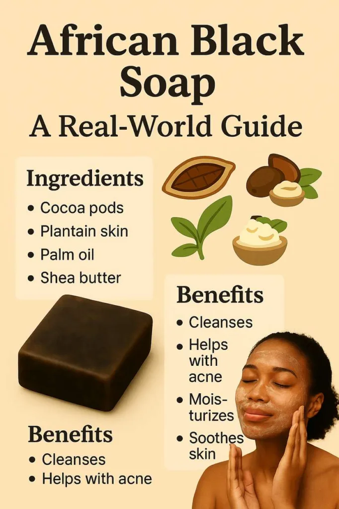 Authentic African Black Soap with ingredient illustrations, highlighting its use in skincare routine for acne treatment and controlling oily skin.