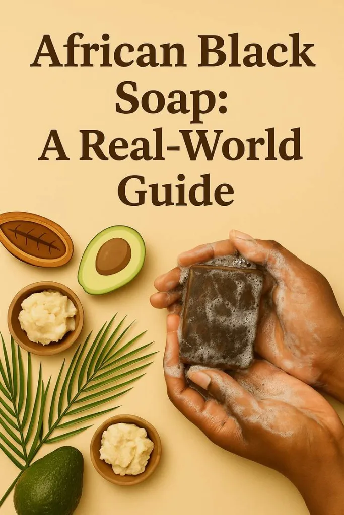 Hands lathering African Black Soap with natural ingredients, showing how it fits into a skincare routine for acne treatment and oily skin management.