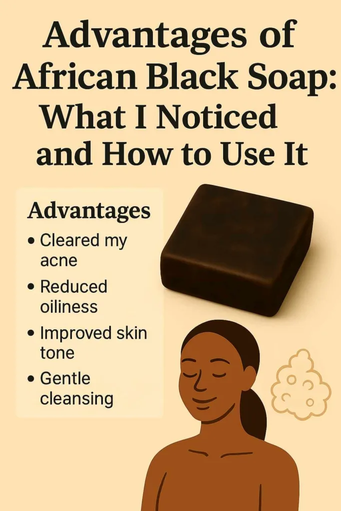 Infographic showing authentic African black soap benefits for skincare, with step-by-step guidance on how to use it for clearer skin.