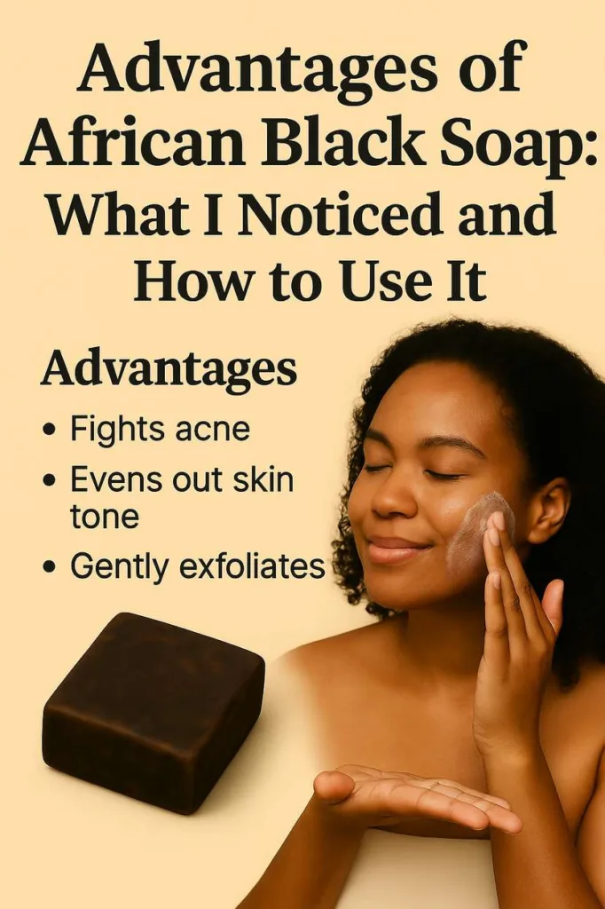 Educational graphic featuring authentic African black soap, listing skincare advantages and instructions on how to use it effectively.