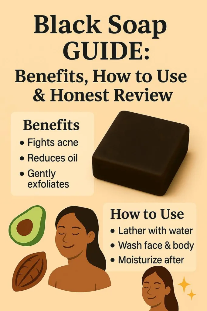 Educational infographic about black soap and African black soap, highlighting black soap benefits for skincare and showing steps on how to use black soap.