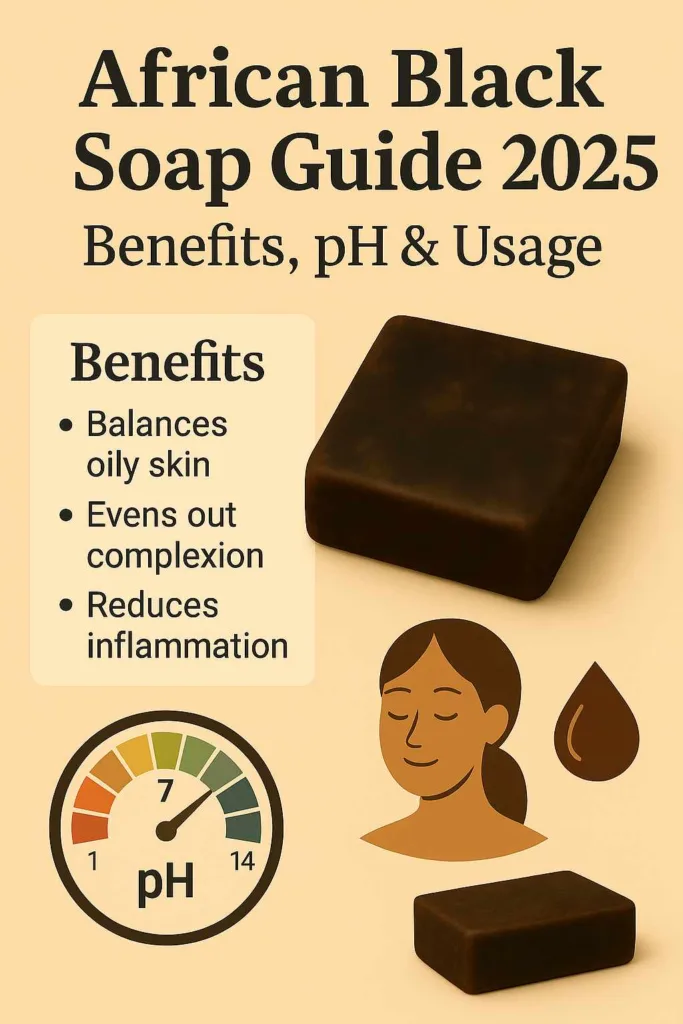 Infographic of African Black Soap showing Black Soap benefits for skincare, addressing the Black Soap pH controversy, and providing a simple usage guide.