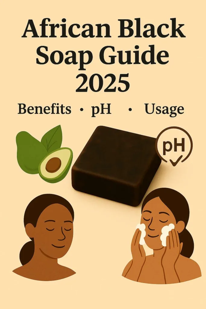 Educational illustration of African Black Soap highlighting Black Soap benefits, discussing the Black Soap pH controversy, and giving a clear usage guide for face and body.