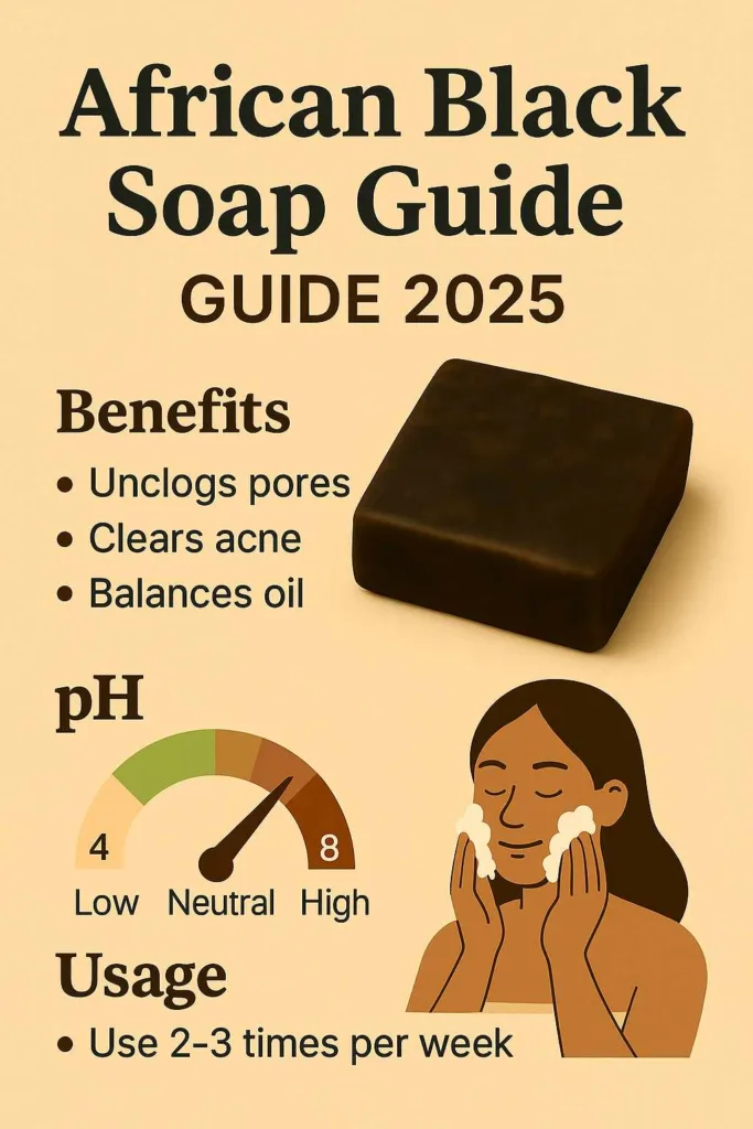 Visual graphic of authentic African Black Soap listing Black Soap benefits, referencing the Black Soap pH controversy, and offering a practical usage guide in skincare routines.