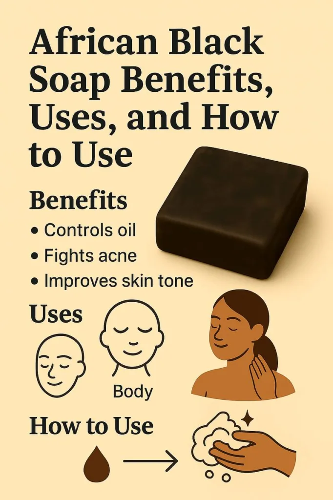 Infographic showing African black soap benefits with skincare tips, highlighting how to use African black soap, featuring authentic African black soap and fair trade black soap origins.