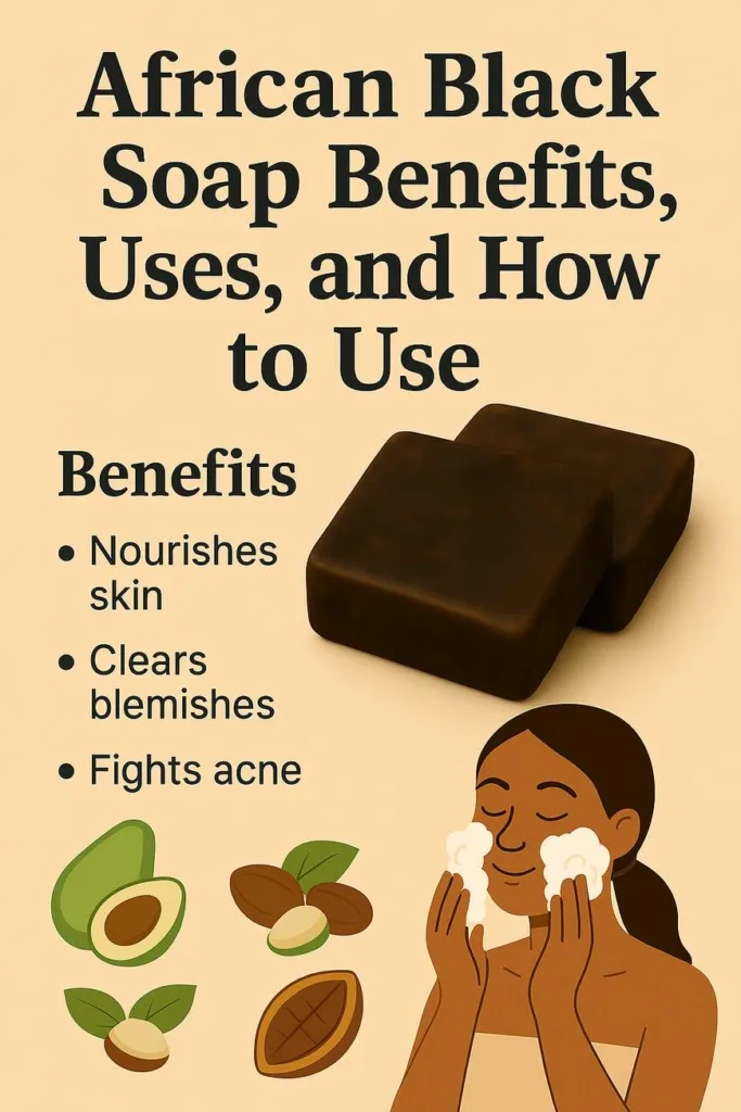 Educational illustration of authentic African black soap explaining African black soap benefits, fair trade black soap sourcing, and guidance on how to use African black soap for daily care.